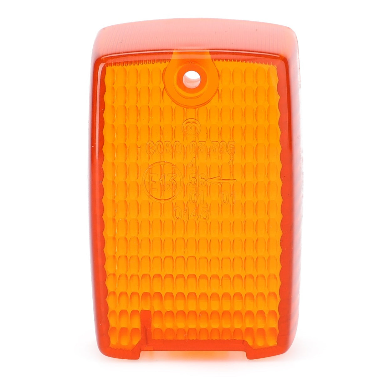 Introducing the AGCO | LENS - AG714377, a rectangular amber motorcycle turn signal lens featuring a textured surface and a central mounting hole at the top. Now ready to be the highlight of your ride, despite no current product description information being available.