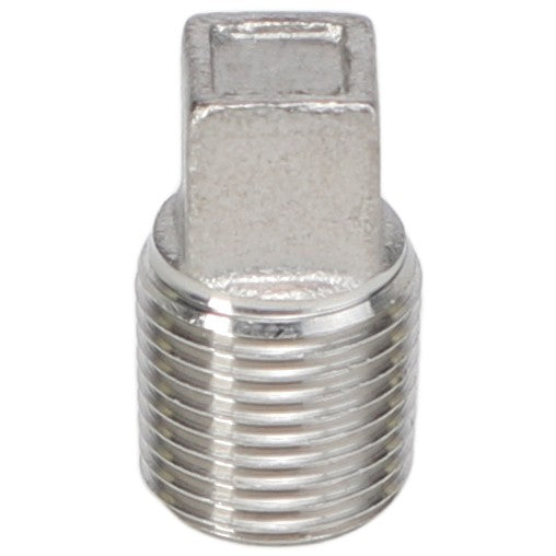 The AGCO | HEX HEAD PLUG - AG710638, a metallic threaded adapter with a square top and cylindrical bottom, currently has no product description information available.