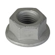 Close-up of the AGCO Hex Flange Nut - Acw1023970, a metal hex nut featuring a circular flange at its base, designed for securing objects in place.