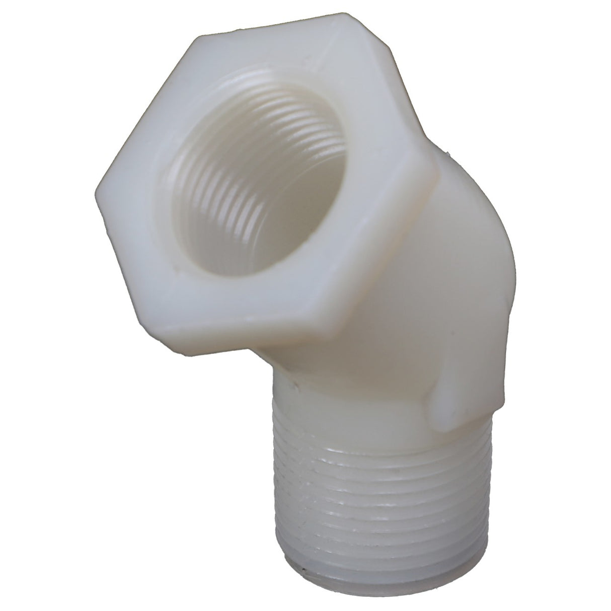 Introducing the AGCO | ELBOW FITTING - AG005413, a white 90-degree plastic threaded elbow pipe fitting that is perfect for your plumbing needs. If you have any questions about this product, our support team at AGCO is always ready to assist.