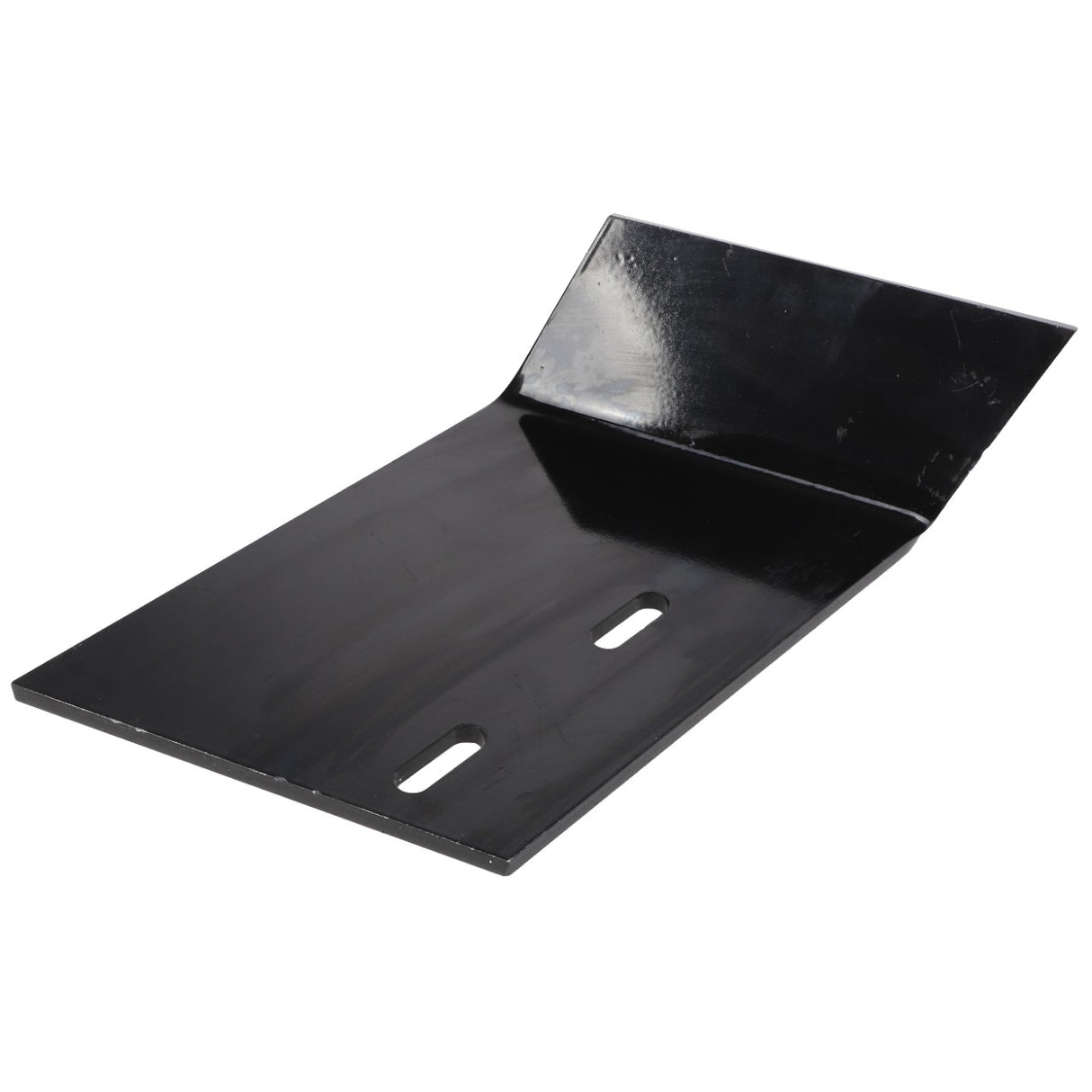 This product description highlights the AGCO ADJUSTING PLATE - ACP0179010, a black metal bracket featuring a flat surface and two elongated holes, bent upward at one end. For ordering assistance or queries, please contact our support team.