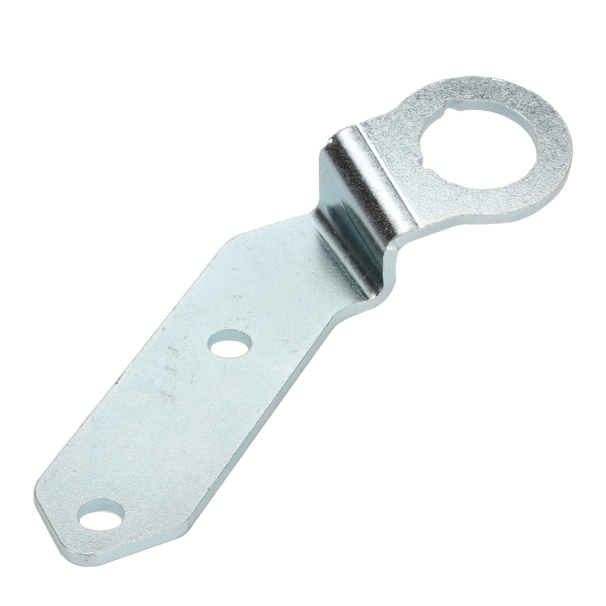 The AGCO Bracket - Acp0420120 is a flat metal bracket with a circular opening at one end and two holes for screws at the other. Unfortunately, no further product description is available at this time.