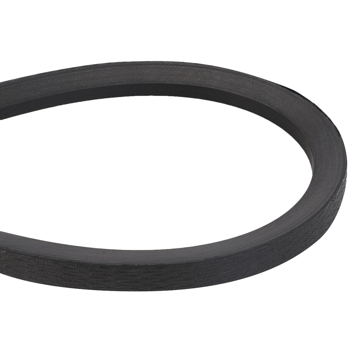 Close-up view of the AGCO V BELT - D26732797, a black rubber belt looped in an oval shape, typically used in machinery or appliances for power transmission or conveyance.