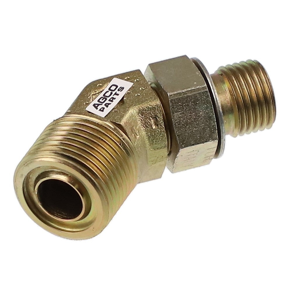 The AGCO | ELBOW FITTING - CH164-5624, labeled "AGCO PARTS," is a brass threaded hydraulic fitting featuring two threaded ends positioned at a 90-degree angle to each other, ensuring optimal connectivity and functionality.
