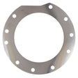 The AGCO Adjusting Shim - 3799385M1 is a circular metal washer featuring 12 evenly spaced holes around the perimeter, one flat edge, and is compatible with Valtra models.