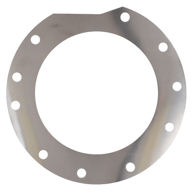 The AGCO Adjusting Shim - 3799385M1 is a circular metal washer featuring 12 evenly spaced holes around the perimeter, one flat edge, and is compatible with Valtra models.