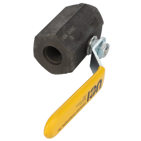 Image showcasing an AGCO | Ball Valve - Acp0001660 with a yellow-handled adjustment tool precisely fitted to a hexagonal metal component featuring a threaded hole.