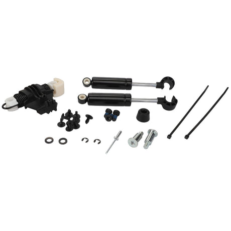Assortment of automotive parts for AGCO's Horizontal Suspension (part number F931502030390), including two shock absorbers, various screws, bolts, washers, two cable ties, and other small components on a white background. Comprehensive product description details are currently unavailable.