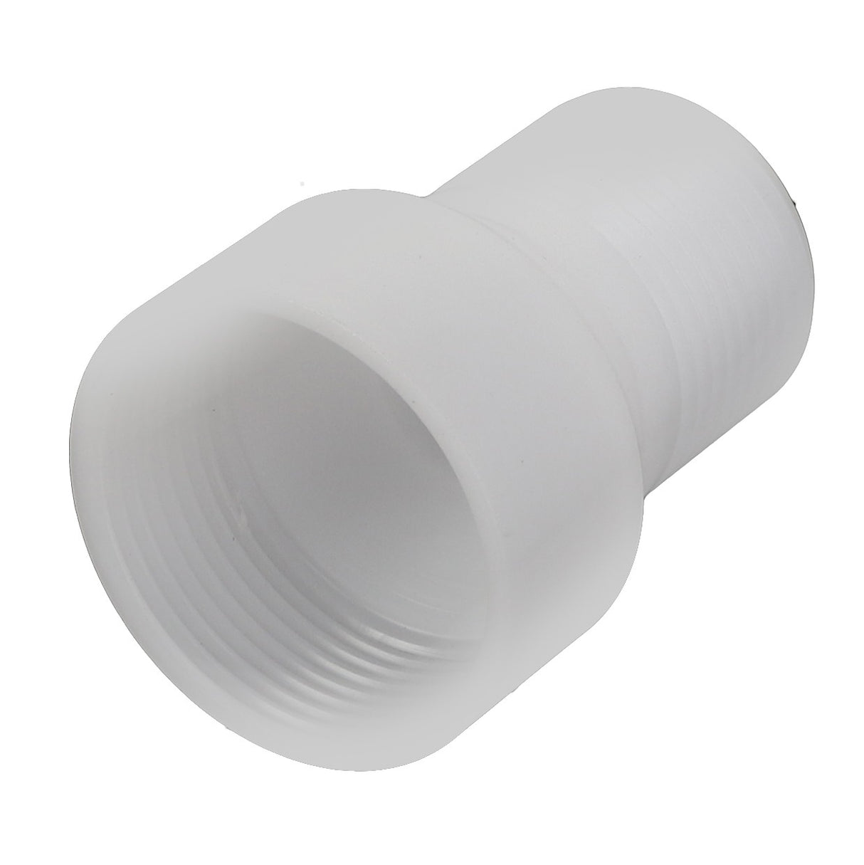 The AGCO | GASKET - D28780339 is a white plastic threaded pipe connector featuring a wider opening on one end and a narrower threaded end on the other. Note that there is currently no additional product description information available.