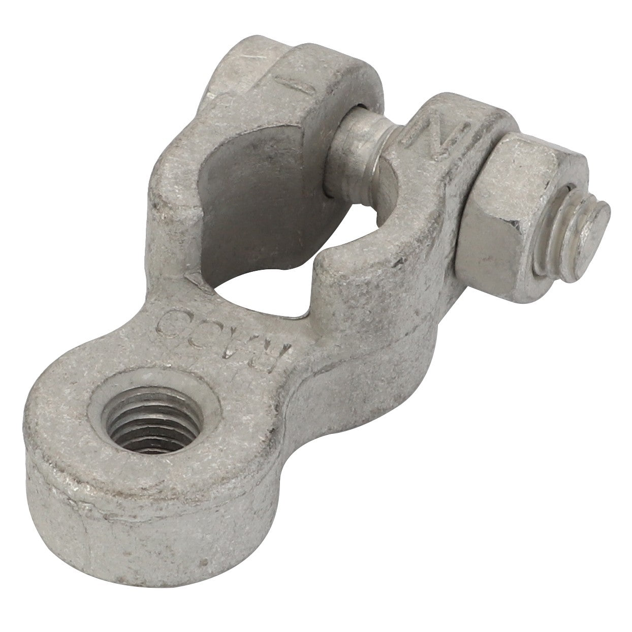 The AGCO | Connector - Acw1209970 from AGCO is a metallic terminal connector that includes a bolt and nut assembly, with a threaded hole on one end. Further product description details are currently unavailable.