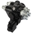 The AGCO Block - Acp0437380 hydraulic component features multiple threaded ports, a sleek black casing, and a rectangular electrical connector at the base.