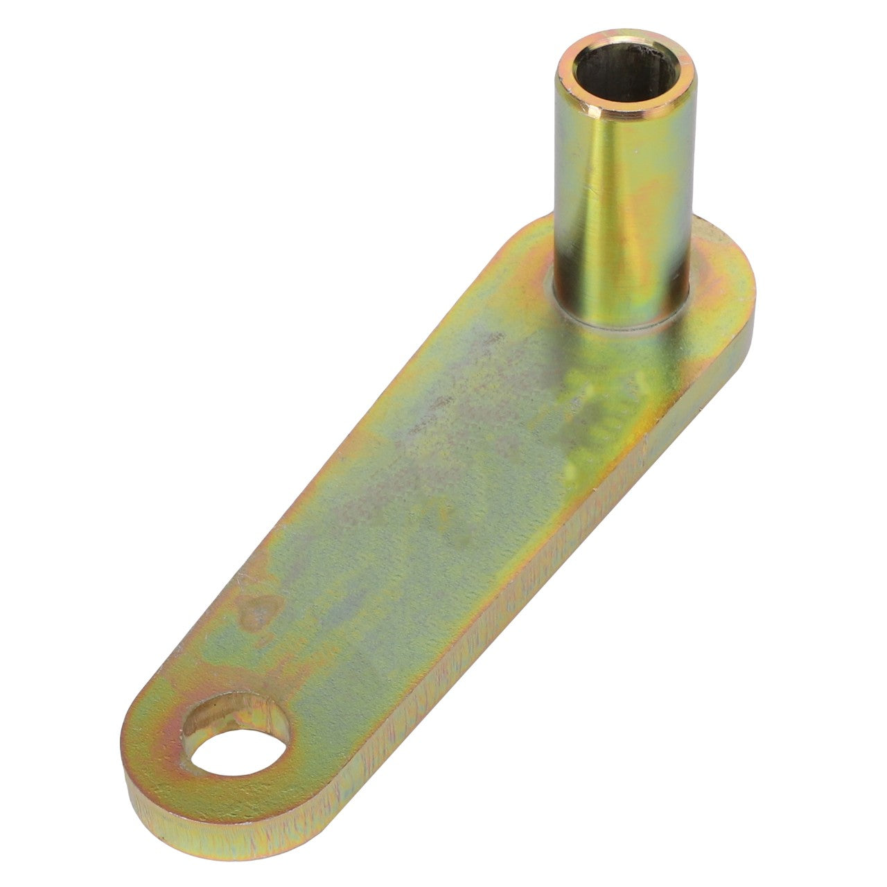 The AGCO PIVOT ARM - SN18962 is a metallic bracket with a cylindrical protrusion on one end and a hole on the opposite, featuring a slightly iridescent finish. For inquiries or ordering information, please contact our support team.