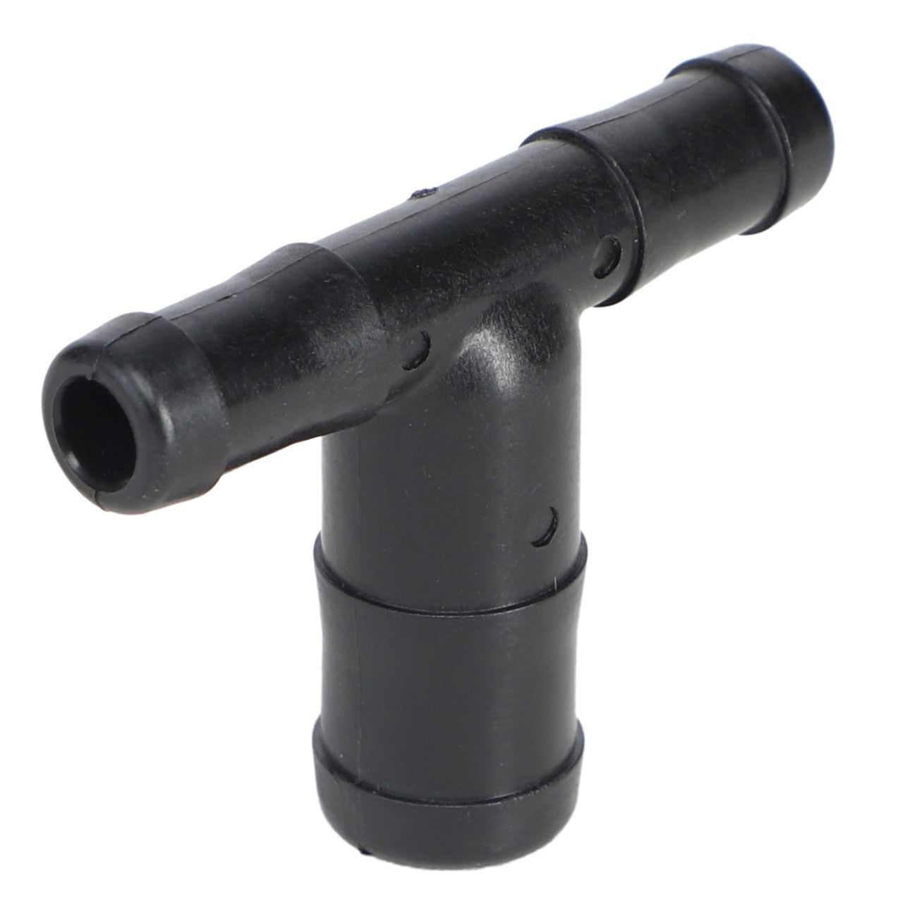The AGCO HOSE BARB - AG051481 is a black plastic T-shaped hose connector with three openings; for assistance, contact our support team.