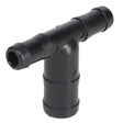 The AGCO HOSE BARB - AG051481 is a black plastic T-shaped hose connector with three openings; for assistance, contact our support team.