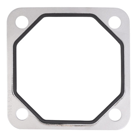The AGCO Seal, Heat Flange - F718202180020 is a metal gasket with a square shape, rounded corners, and four bolt holes. It features a black rubber sealing ring in the center and is ideal for Fendt models. This genuine AGCO seal ensures a secure fit and reliable performance.