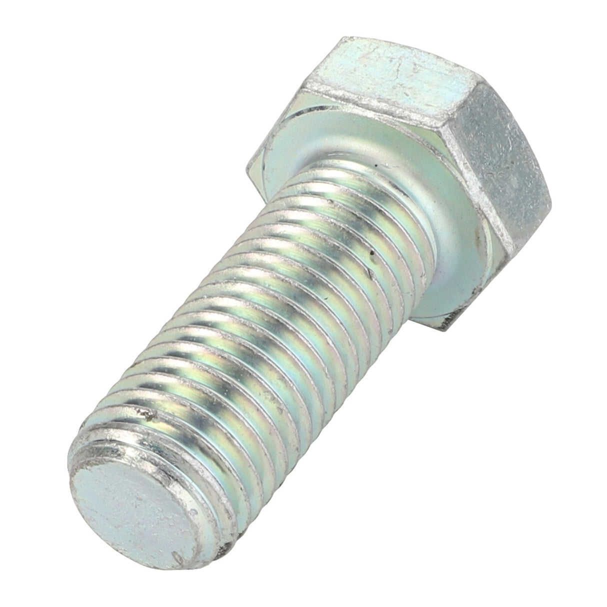Close-up of a shiny AGCO hex bolt, model D46150598, featuring a finely threaded metal shaft and a smooth flat tip.