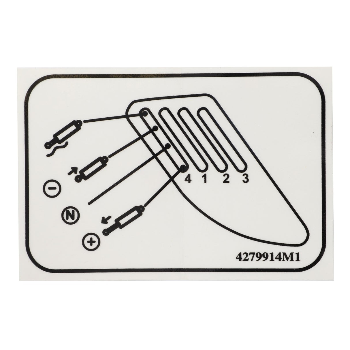 Diagram showing electrical connections on a device, labeled with four slots numbered 1 through 4, and symbols for positive, negative, and neutral. The AGCO Decal for Hydraulic Controls (part number 4279914M1) is displayed in the corner alongside AGCO Parts Genuine Decals, ensuring authenticity and durability for your agricultural engineering needs.