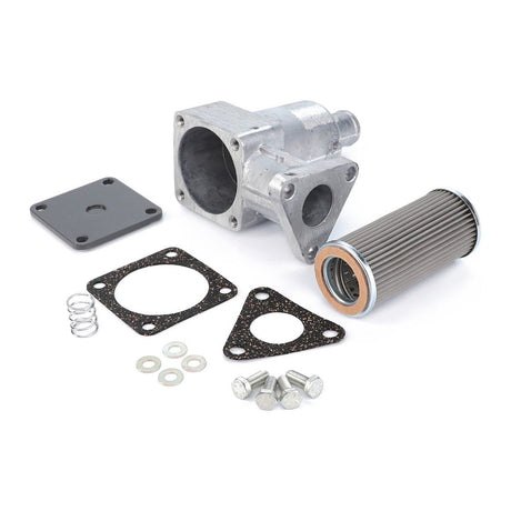 A disassembled automotive component set, including a metal housing, cylindrical filter, rubber gaskets, bolts, washers, and a spring—ideal for maintenance on Massey Ferguson equipment. 
becomes:
The Suction Filter - 6223552M92 by AGCO is a complete disassembled automotive component set that includes a metal housing, cylindrical filter, rubber gaskets, bolts, washers, and a spring—ideal for maintenance on Massey Ferguson equipment.