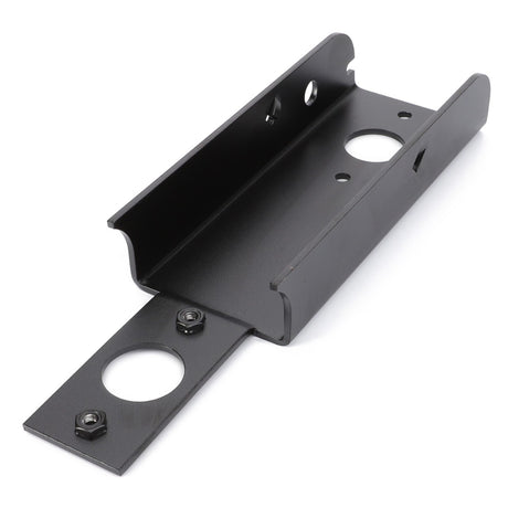 The AGCO Support, Flasher, Right (4273311M2) is a black metal bracket with a rectangular base that features two bolt holes and comes with two bolts inserted through the base. The upper section includes flanges with several additional holes, designed to be compatible with Massey Ferguson models.
