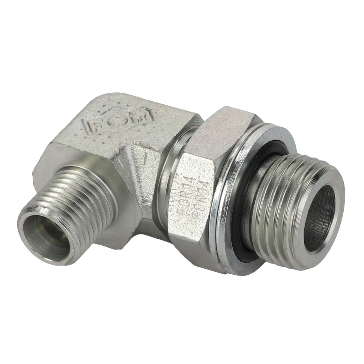 Introducing the AGCO | Elbow Union - Acp0670090, an angled metal pipe fitting designed with threaded ends and equipped with an O-ring for optimal sealing.