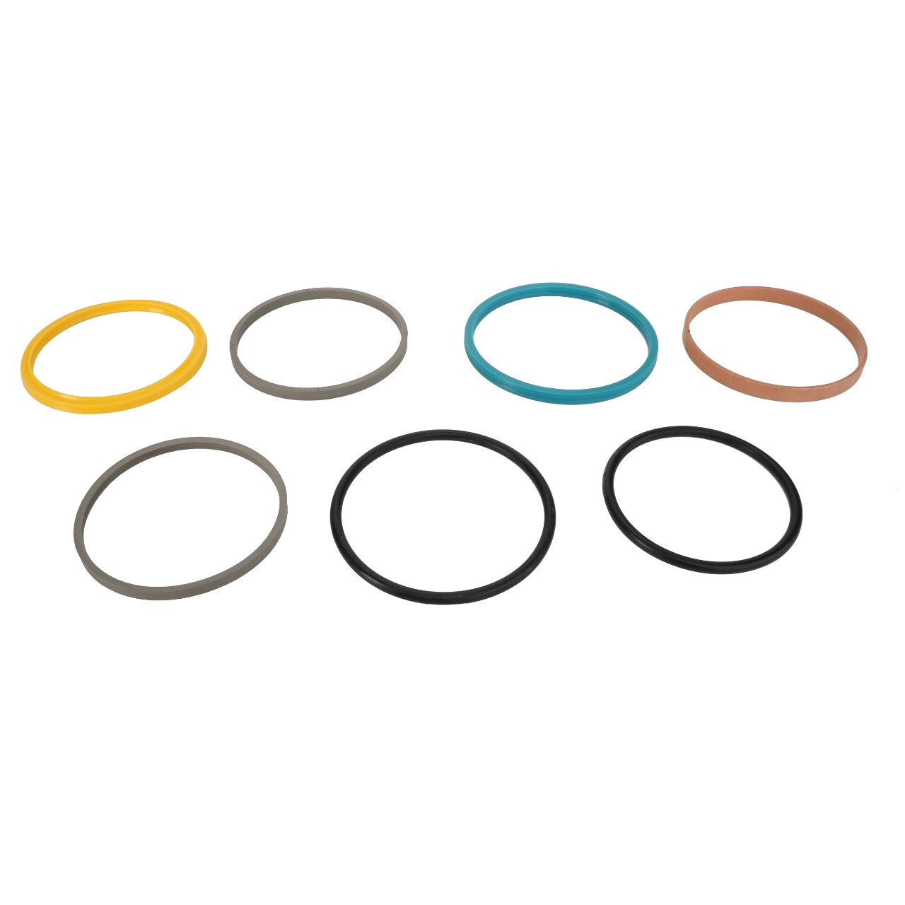 Product Description: Presenting the AGCO Seal Set Hydraulic Cylinder - F650153021340, featuring assorted colored rubber O-rings neatly arranged in two rows against a white background.