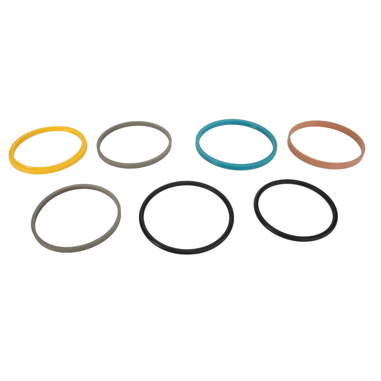 Product Description: Presenting the AGCO Seal Set Hydraulic Cylinder - F650153021340, featuring assorted colored rubber O-rings neatly arranged in two rows against a white background.