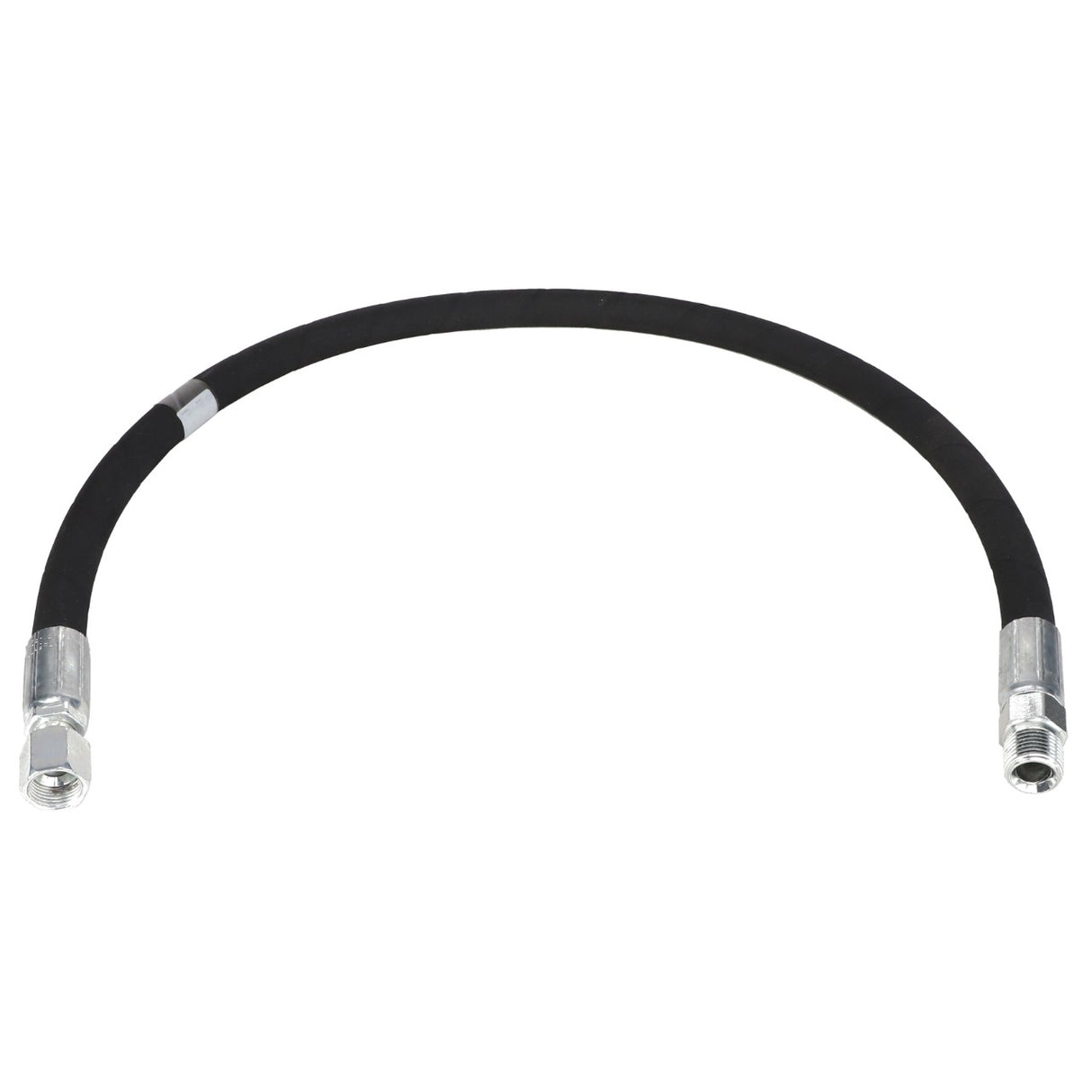 The AGCO | HYDRAULIC HOSE - AG133663, a black flexible hose with metallic fittings on both ends, is displayed in a curved shape against a white background. No current product description information is available.