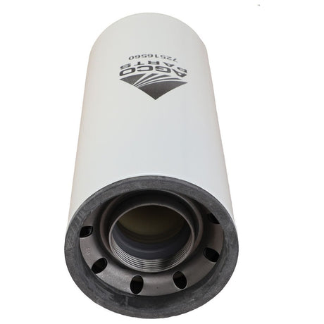 Image of a white cylindrical object with a black base and the label "72516560" near the top. The AGCO Engine Oil Filter Spin On is designed to prevent wear and corrosion, featuring a threaded opening at one end for easy installation.