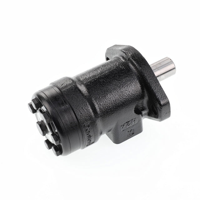 The AGCO hydraulic motor, model Acp0625190, features a cylindrical black body secured by multiple bolts on one end and a robust metal shaft extending from the other end.