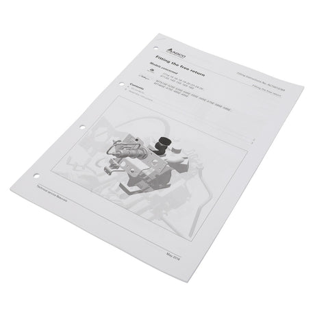 Instruction sheet named "Act001376A" by AGCO, featuring an illustration of machinery. Published in English by Axel in May 2018, it includes three punched holes for easy binder storage. There is no current product description available.