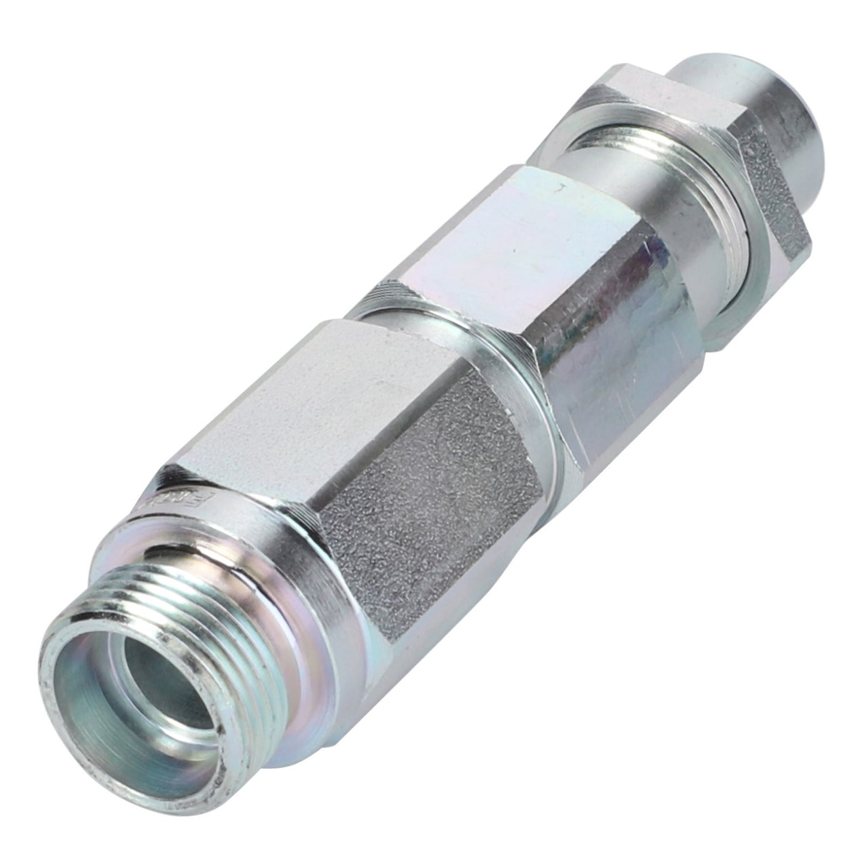 Close-up view of the AGCO COUPLER PLUG - F725891552060, a metallic hydraulic fitting featuring threaded ends and a hexagonal middle section designed for wrench application.