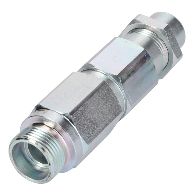 Close-up view of the AGCO COUPLER PLUG - F725891552060, a metallic hydraulic fitting featuring threaded ends and a hexagonal middle section designed for wrench application.