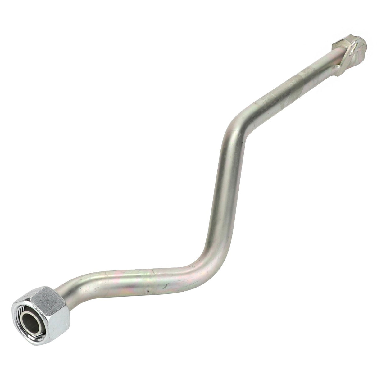 Product Name: AGCO | Pipe - Acp0382770
Brand Name: AGCO
Description:
The AGCO Pipe - Acp0382770 is a metallic pipe designed with a 90-degree bend. It features a hexagonal bolt at one end and a cylindrical fitting at the other. No further product description is available beyond these details.