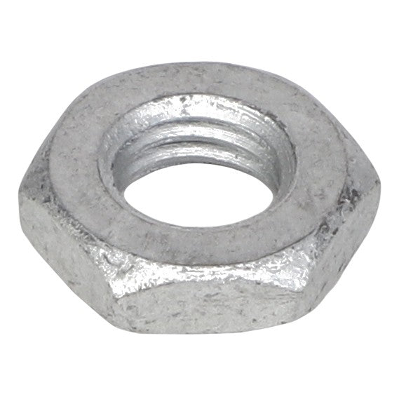 A close-up view of the AGCO Hex Nut - Acw1026880, a silver, hexagonal metal nut with an internal threaded hole used for fastening purposes. No current product description information is available.
