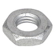 A close-up view of the AGCO Hex Nut - Acw1026880, a silver, hexagonal metal nut with an internal threaded hole used for fastening purposes. No current product description information is available.