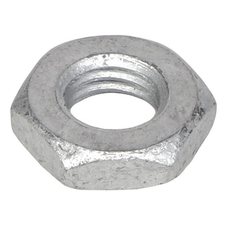 A close-up view of the AGCO Hex Nut - Acw1026880, a silver, hexagonal metal nut with an internal threaded hole used for fastening purposes. No current product description information is available.