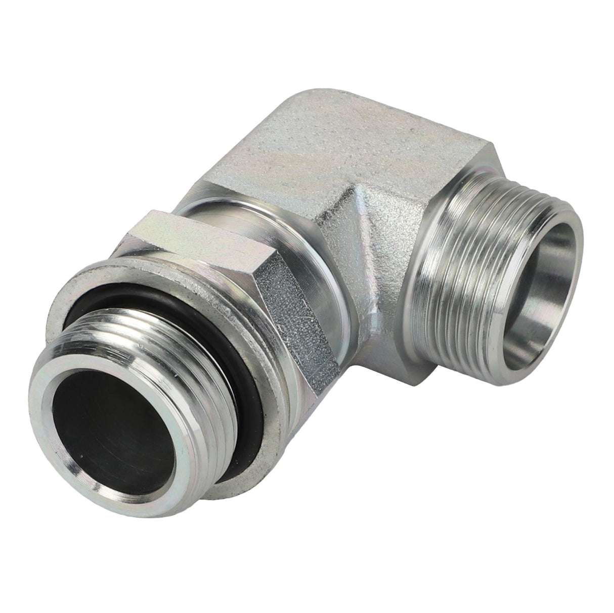 The AGCO | Elbow Union - Acp0671190 is a metal elbow pipe fitting featuring male thread connectors on both ends, complete with a rubber O-ring for sealing. No additional product description is currently available.