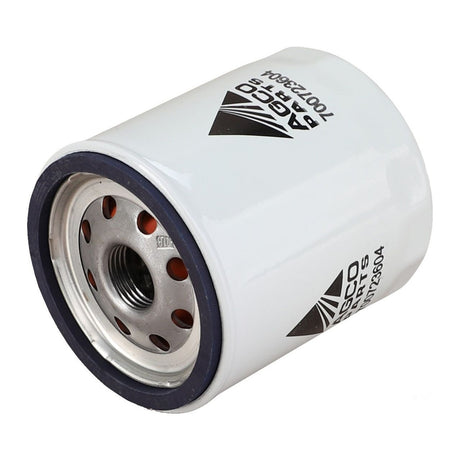 Image of the AGCO Engine Oil Filter Spin On - 700723604, a white cylindrical filter with metallic parts exposed at one end, featuring the AGCO logo and technical details printed on the body. This filter extends component life by providing optimal wear and corrosion prevention.