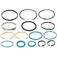 An assortment of mechanical rings and seals in black, yellow, and blue colors of various sizes, alongside a silver hose clamp, are neatly displayed on a white background. This collection includes items from the AGCO Seal Kit - 700750306 by AGCO.