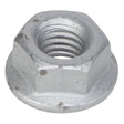 A close-up image of the AGCO Hex Flange Nut - Acw1027140 reveals its hexagonal shape and threaded interior, featuring slight surface blemishes and a grayish tint.