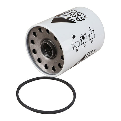 An AGCO Engine Oil Filter Spin On - AG716976, featuring a white exterior and black printed instructions, is designed for cleaner oil delivery and includes a rubber gasket to prevent wear and corrosion.