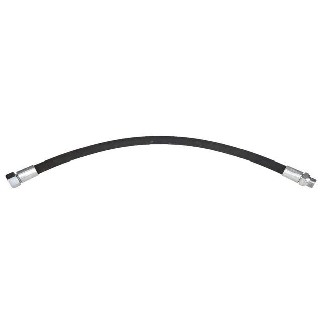 Introducing the AGCO | HOSE - AL9031566 from AGCO: A flexible black hose with metal fittings on both ends, slightly curved. No current product description information is available.