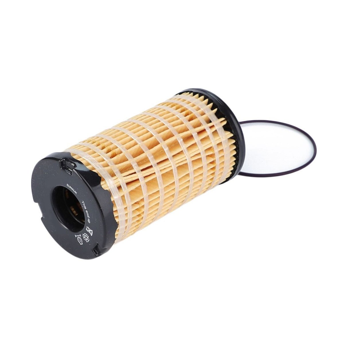 An AGCO Engine Oil Filter Cartridge (Model 4225348M1) with a cylindrical shape, yellow pleated paper element, and black plastic ends lies on its side. A separate circular gasket, ensuring a high-quality seal, is next to it, making it perfect for Massey Ferguson models.