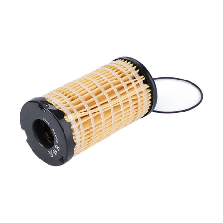 An AGCO Engine Oil Filter Cartridge (Model 4225348M1) with a cylindrical shape, yellow pleated paper element, and black plastic ends lies on its side. A separate circular gasket, ensuring a high-quality seal, is next to it, making it perfect for Massey Ferguson models.