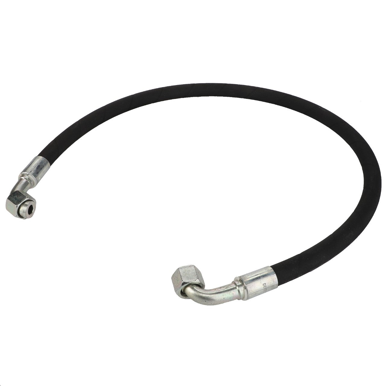 The AGCO Hydraulic Hose - Acw6038880 is a durable black hose with metal fittings on both ends, featuring one straight and one angled connection for versatile applications.