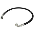 The AGCO Hydraulic Hose - Acw6038880 is a durable black hose with metal fittings on both ends, featuring one straight and one angled connection for versatile applications.