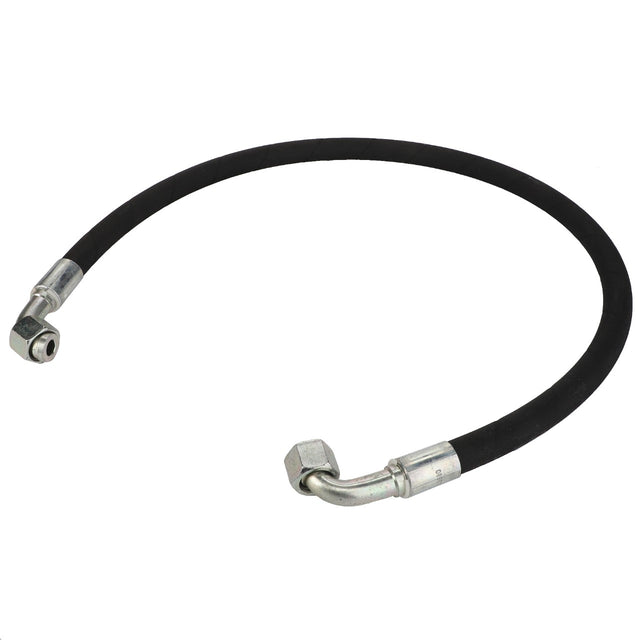 The AGCO Hydraulic Hose - Acw6038880 is a durable black hose with metal fittings on both ends, featuring one straight and one angled connection for versatile applications.