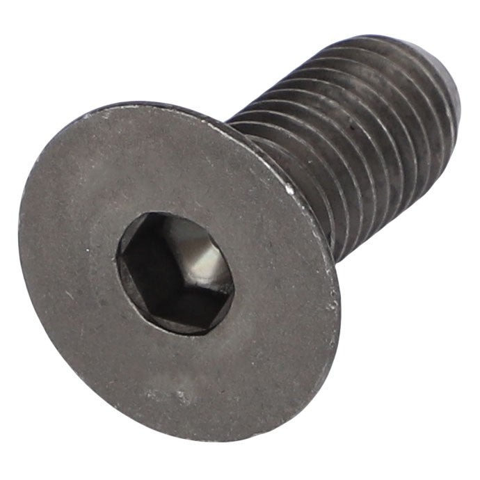 The AGCO | SCREW - AG726349 is a precise metal screw featuring a hex socket and a countersunk head with finely threaded body.