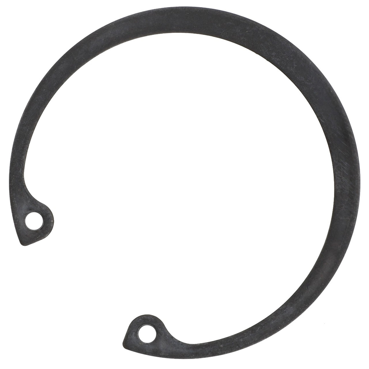 The AGCO Snapring - 1107834 is a black retaining ring featuring two small holes at the ends, although no specific keywords can be identified due to the absence of a detailed product description.