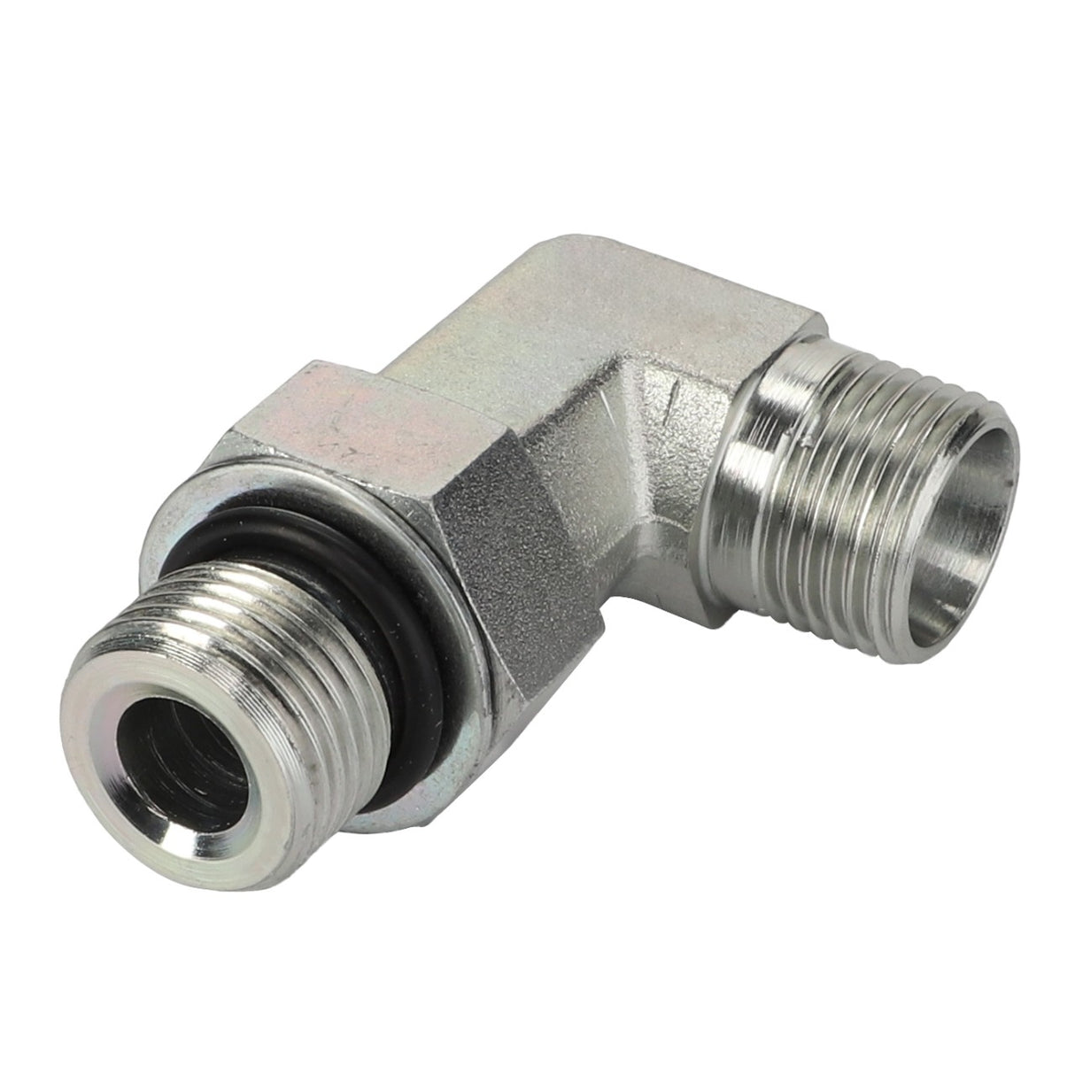 No Current Product Description Available: The AGCO | Elbow Union - Acp0672270 is a metallic, right-angle pipe fitting featuring male threaded ends and a rubber O-ring near one of the connectors.